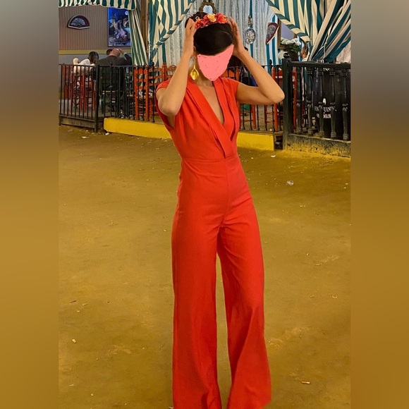 MNG Red Deep V Neck Wide Leg Jumpsuit - Picture 2 of 10